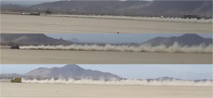 Three wakes at El Mirage 2013 showing aspects of the drag of a streamliner (top), a roadster (middle), a van (bottom). The van at bottom seems to kick up less air than the roaster (it had a spoiler mounted on the back that you can see in the next photo).