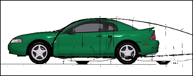 Mustang with template aligning with front windshield to push center of roof camber farther back.