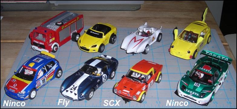 Slot car sample set.  All cars in back row are home-made.