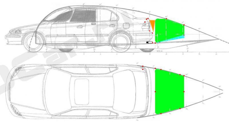 Using the projected views I found on the web to engineer the hitch box envelopes. I transferred the pixel coordinates of each red dot to a spreadsheet and scaled it to the 97 Civic's spec length width and height (3.8 pix/inch). The orange triangle depicts a 26 degree margin between the box and the trunk. The blue triangle is between 10 and 15.5. Actually I ended up compromising and using 12.5.