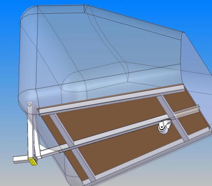 v2: hinged design for better departure angle, welded square tube frame, caster farther back, UHMW polyethylene skid pad in yellow