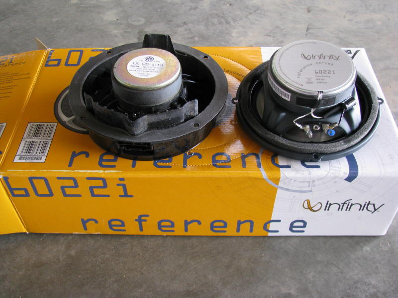 stock VW speaker on the left, replacement Infinity speaker on the right.
