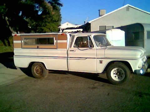 '64 Chev 292-I6; 4 spd. granny low. full trailer package and front spotting ball. This needs a bit of work. It will get the full treatment for MPG improvement and remain gasoline. It's my long range driver for when I go to visit family in Utah, Idaho and Colorado. The factory set up gets 19-20 mpg on the open road with old school modifications, like a strip kit in the carb, set up on a SUN 2000 Dyno. I'm hoping to get it up to 30 with the HHO and other water injectors. Grandpa had an injector in hte air cleaner on his '68 Chevy 327 pickup and it got 22 on the open road with a Quadrajet.