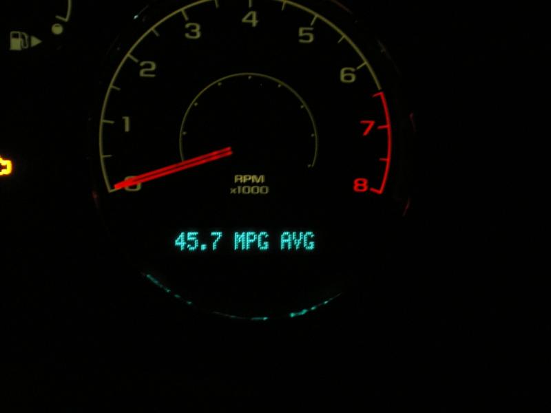 As of October 11 (just after midnight EST) this picture represents my all time high mileage of 45.7 AVG MPG which is accounting for everyday I drove it since the day I bought it with 25 AVG MPG on it's odometer. Hypermiling is the key and I am told the first oil change and the first 10,000 miles will peak it out for mileage. My goal is to get over 50MPG over all mileage.