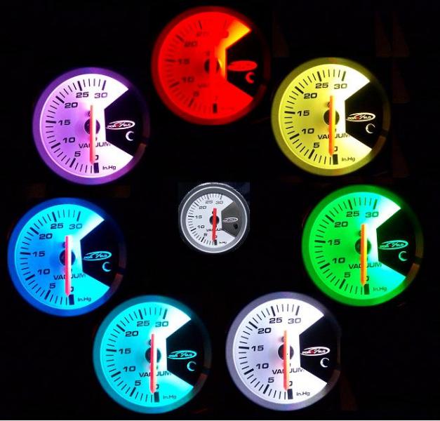 These are the 7 available colors that the gauge can illuminate at night. They look nicer than what the camera could capture. I had to put a screw inside the vacuum hose that goes from the manifold to the gauge to control the needle vibrations. It act as a restriction and buffers out any pulsating movements.