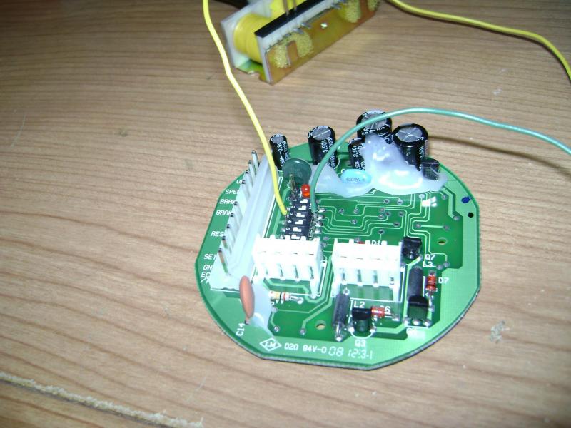 Another view of the wires soldered to the circuit board.