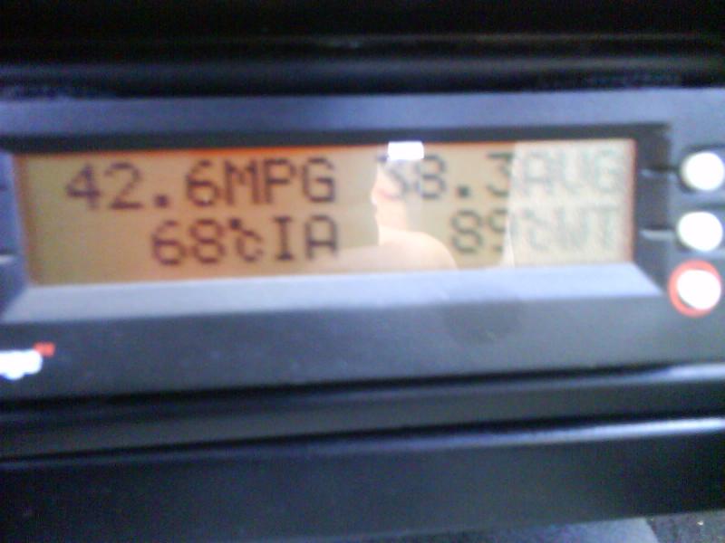 The Scan Gauge II displaying miles per gallon (MPG), average miles per gallon (AVG), intake air temperature (cIA) and coolant temperature (cWT). Both temp readings are in Celsius.

This readout was made at about 7:15 AM of the same day the baseline readout was made, on a summer morning in Puerto Rico with the car running at about 45 MPH going uphill. 

If we compare to the base line of 29 Celsius, it has raised the temperature to 68 Celsius, or a 134% increment.