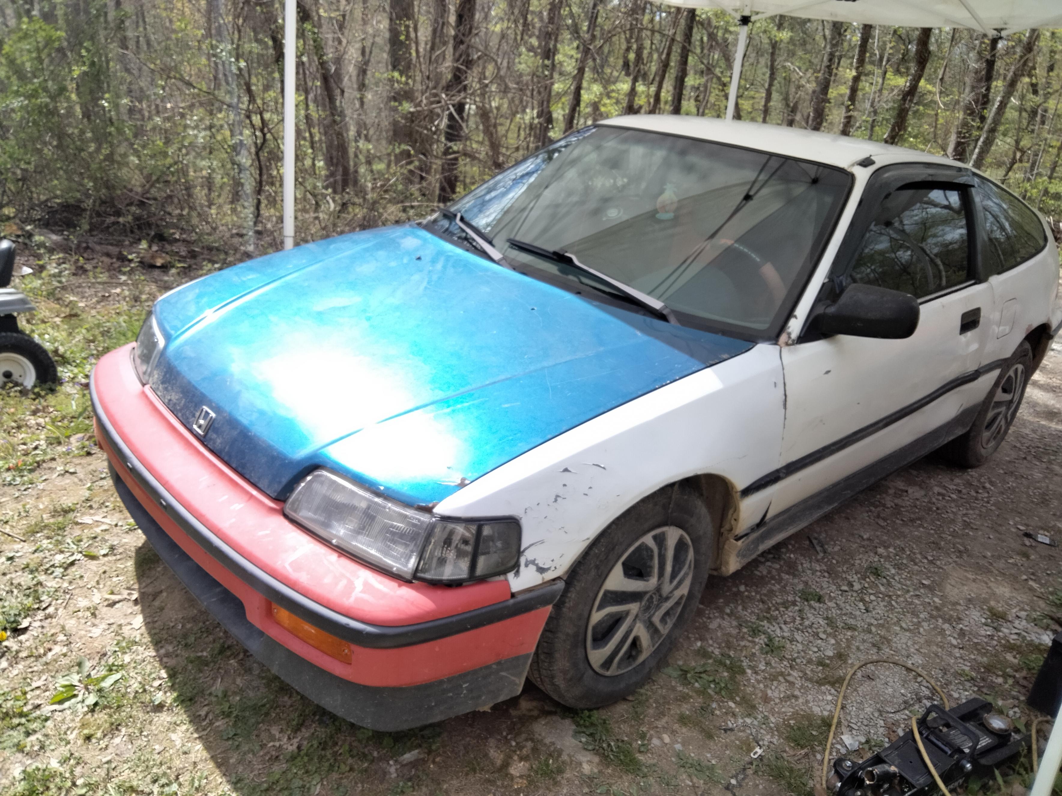 After a small deer ran into the side and I had to do more repairs to body. Still not finished, need a new door, but I am going to take it off my parts car I just picked up for $500. I swapped the hood off of it cause the blue one is 5 pounds lighter than the black one.