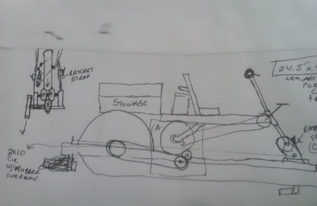 Basic sketch of drive system using bike as primary.
 Bike wheel is cradled against 2 roller blade wheels with bearings intact the single wheel attached to the drive belt shaft has bearings replaced with solid shaft. Driver wheels are to be cut from 2"x 10" board overwrapped with a section of a serpentine belt cut to length and attached with brads and adhesive.  To ascertain that the  bicycle wheel remains immobile 2 short ratchet straps are mounted to the rear frame of the bike.
 Steering is accomplished through the front mount which is attached to a vertical shaft down to the rudder.