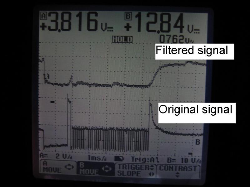 Injector signal, wide throttle. Peak and hold injector. Upper signal is filtered and the lower is original